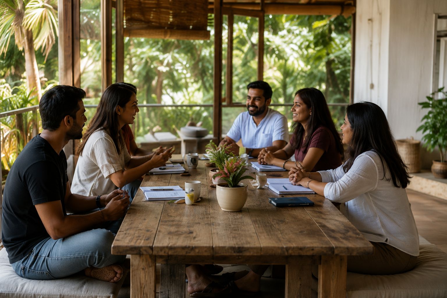 A small group in conversation around a wooden table during a custom Wegathr experience