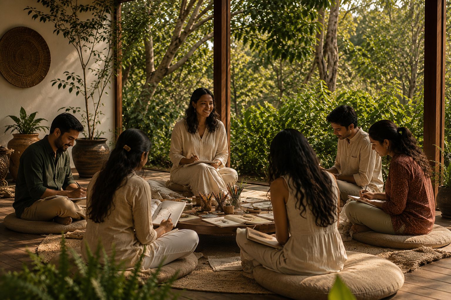 A small group sketching and journaling together during a workshop in a forest-facing pavilion