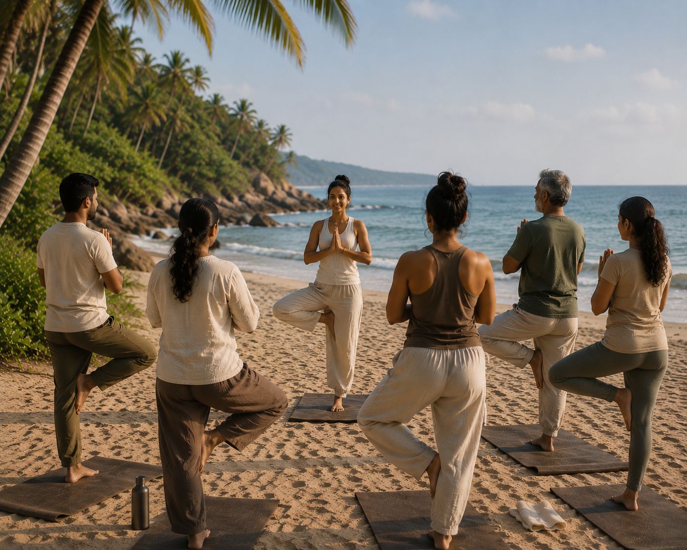 A practitioner guiding a group through a yoga pose on a palm-lined beach at sunrise
