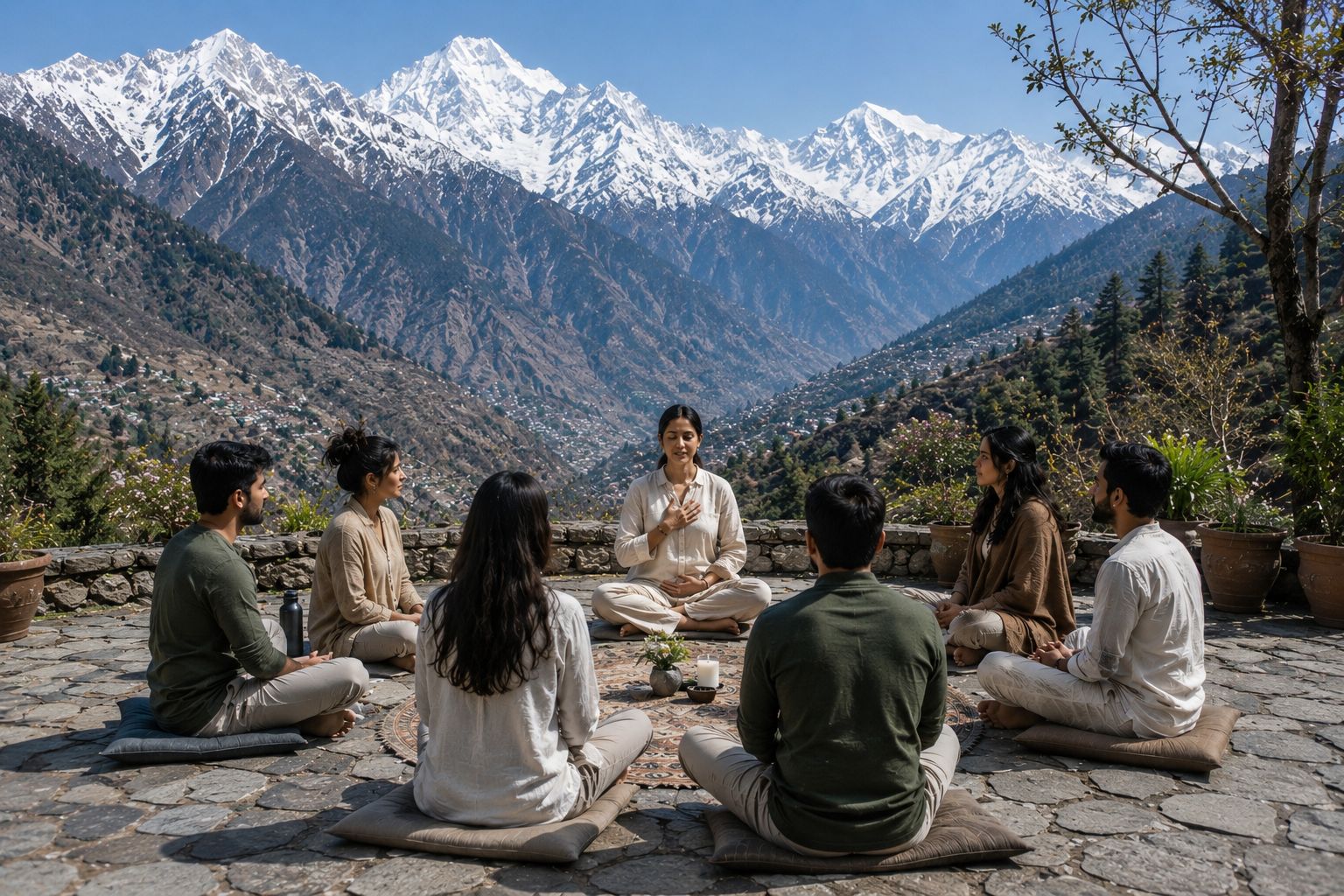 A facilitator leading a group meditation circle on a terrace with snow-capped Himalayan peaks in the background