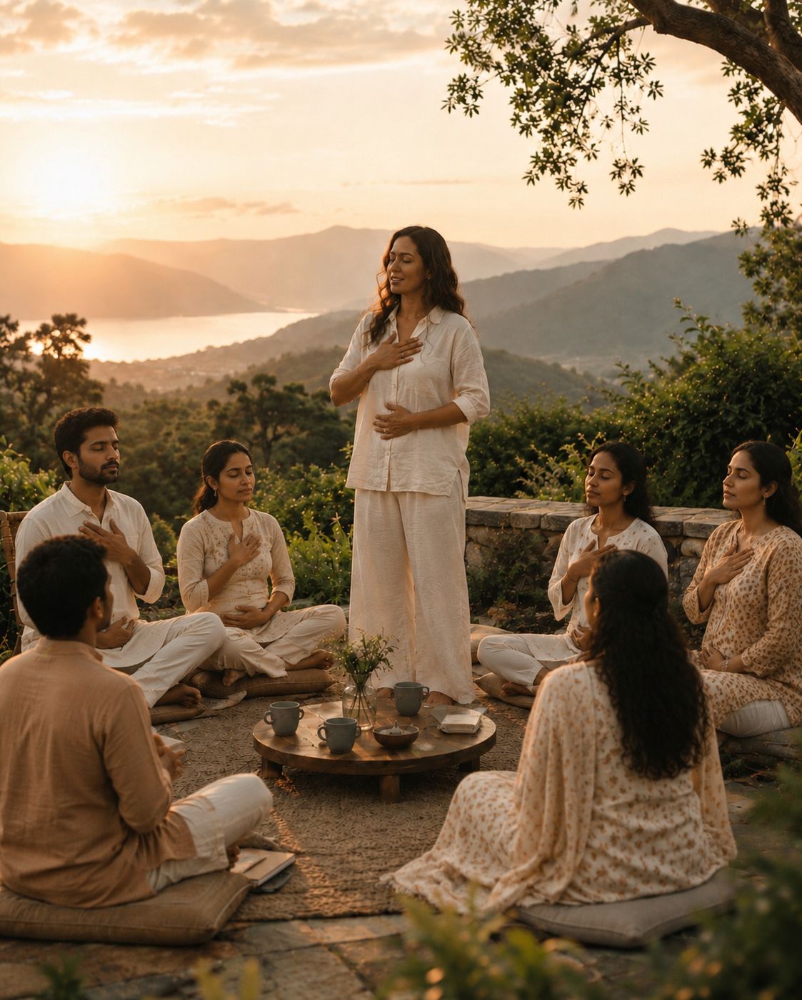 A facilitator leading a group meditation retreat at sunset overlooking the hills